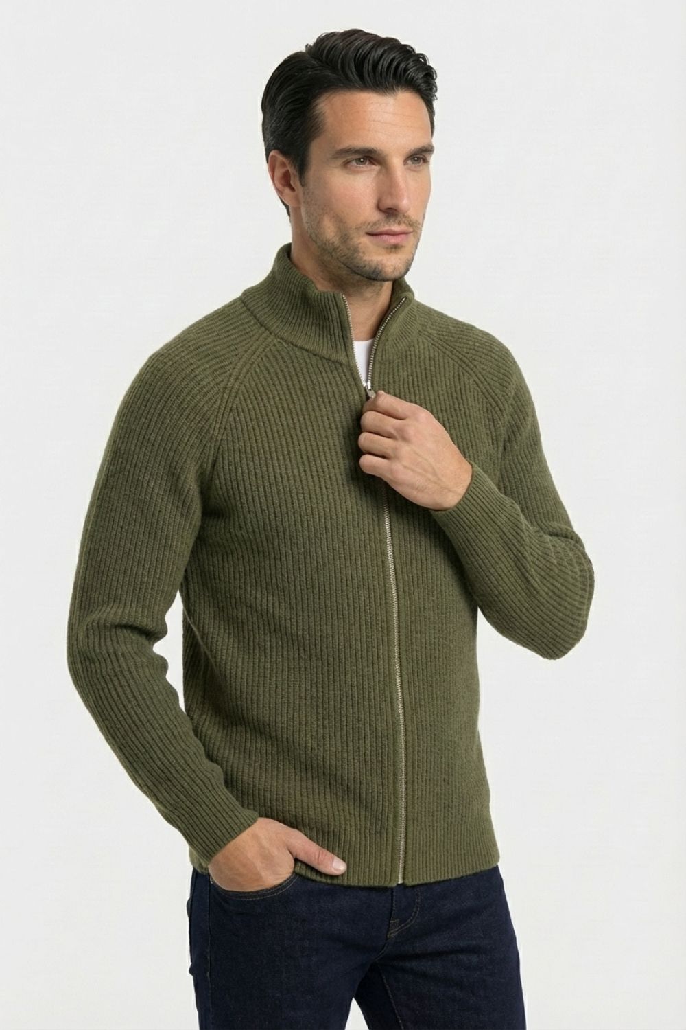 Olive Zip-Up Knit Jacket